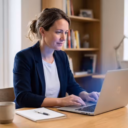 Ondernemer achter een laptop met zwevende blauwe holografische cloud- en synchronisatie-iconen die een back-up verbeelden