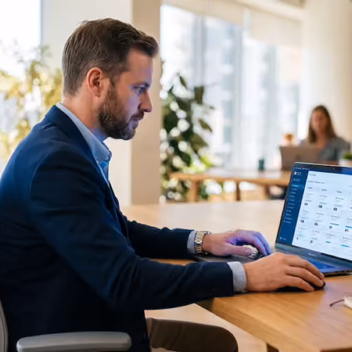 Ondernemer achter een laptop met een zwevend blauw holografisch overzicht van klantcontacten en opvolgtaken