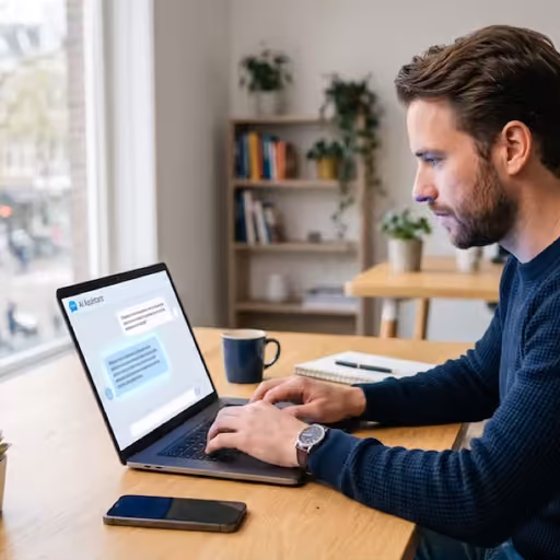 Ondernemer achter een laptop met op het scherm een chatgesprek met een AI-assistent in blauwtinten