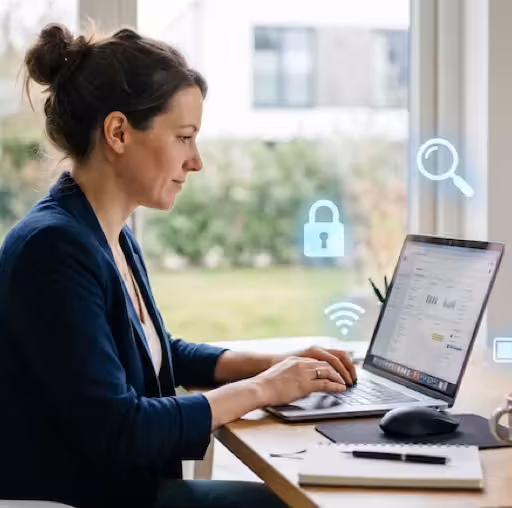 Ondernemer achter een MacBook met zwevende blauwe iconen van sneltoetsen en systeemfuncties