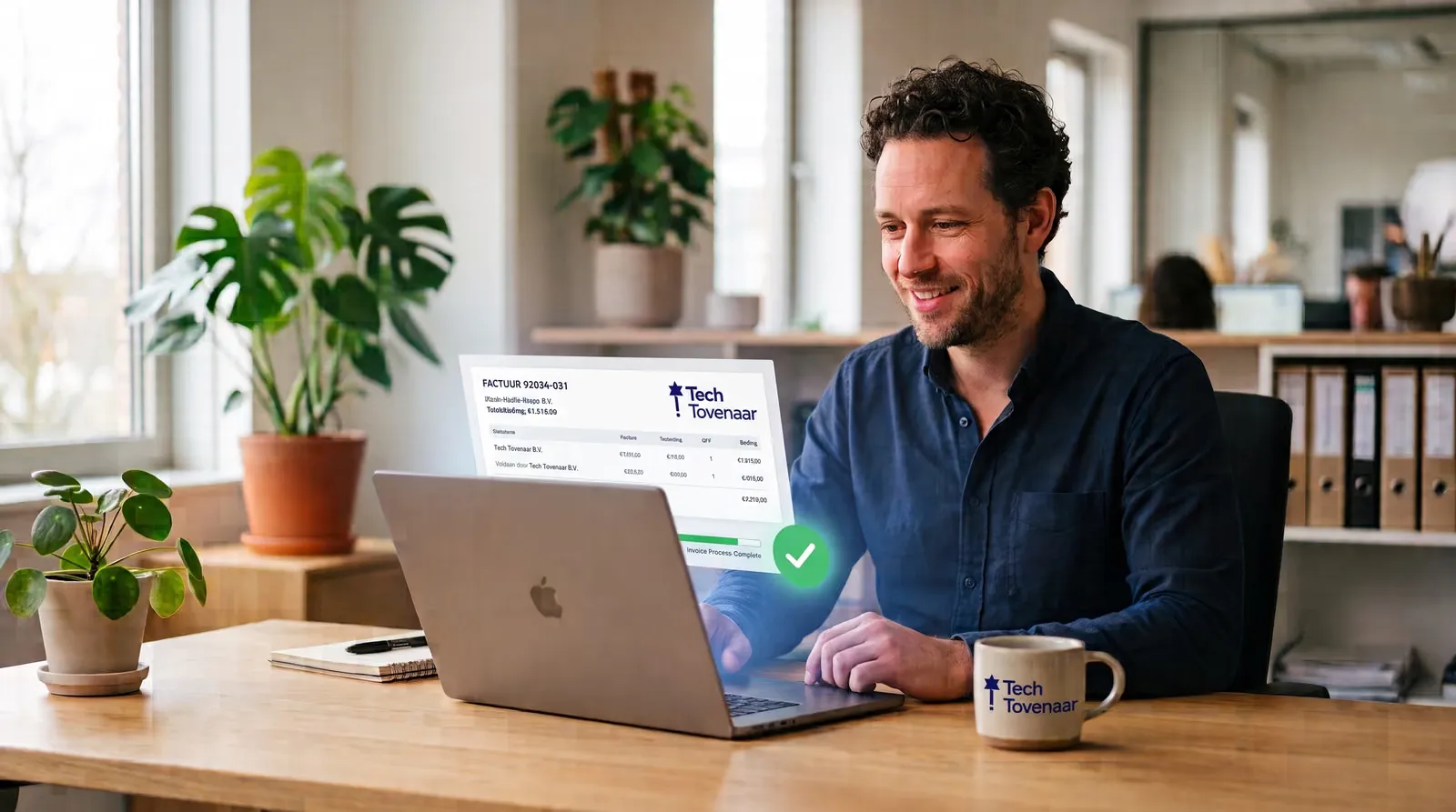 Ondernemer achter een laptop met op het scherm een factuur die automatisch wordt opgemaakt, met blauwe voortgangsiconen