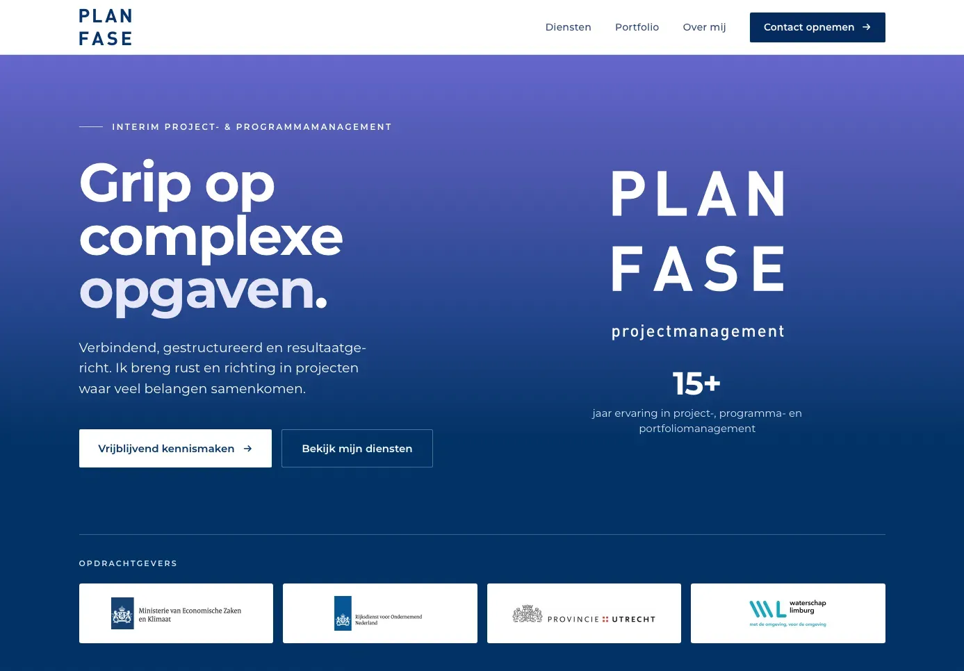 Hoofdpagina van de nieuwe website van Plan Fase Projectmanagement