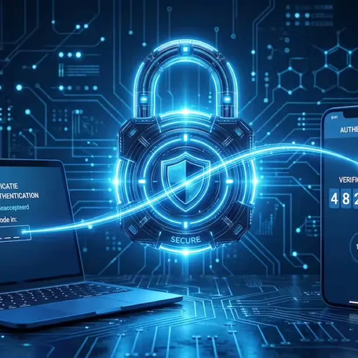 Gloeiend blauw slot-icoon met een telefoon en een verificatiecode, zwevend op een donkere achtergrond met circuitpatroon