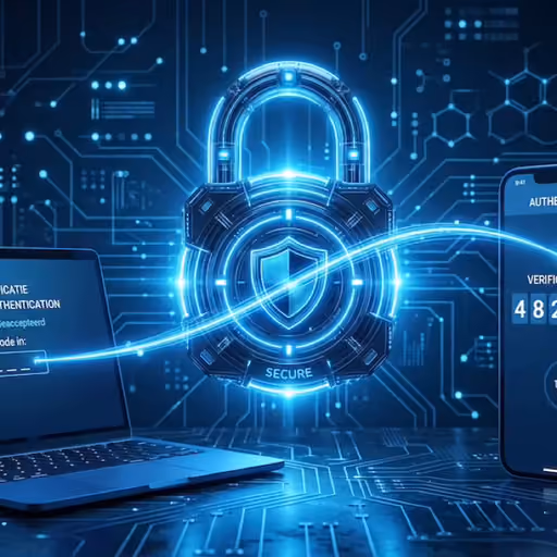 Gloeiend blauw slot-icoon met een telefoon en een verificatiecode, zwevend op een donkere achtergrond met circuitpatroon