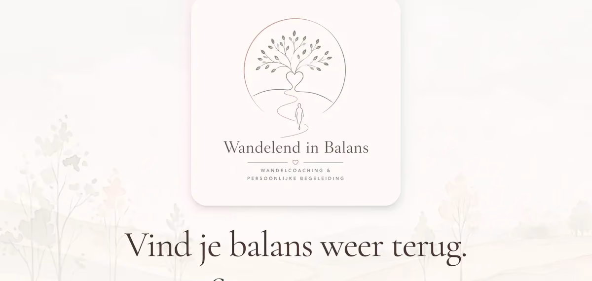De homepage van Wandelend in Balans met logo en de tekst 'Vind je balans weer terug'