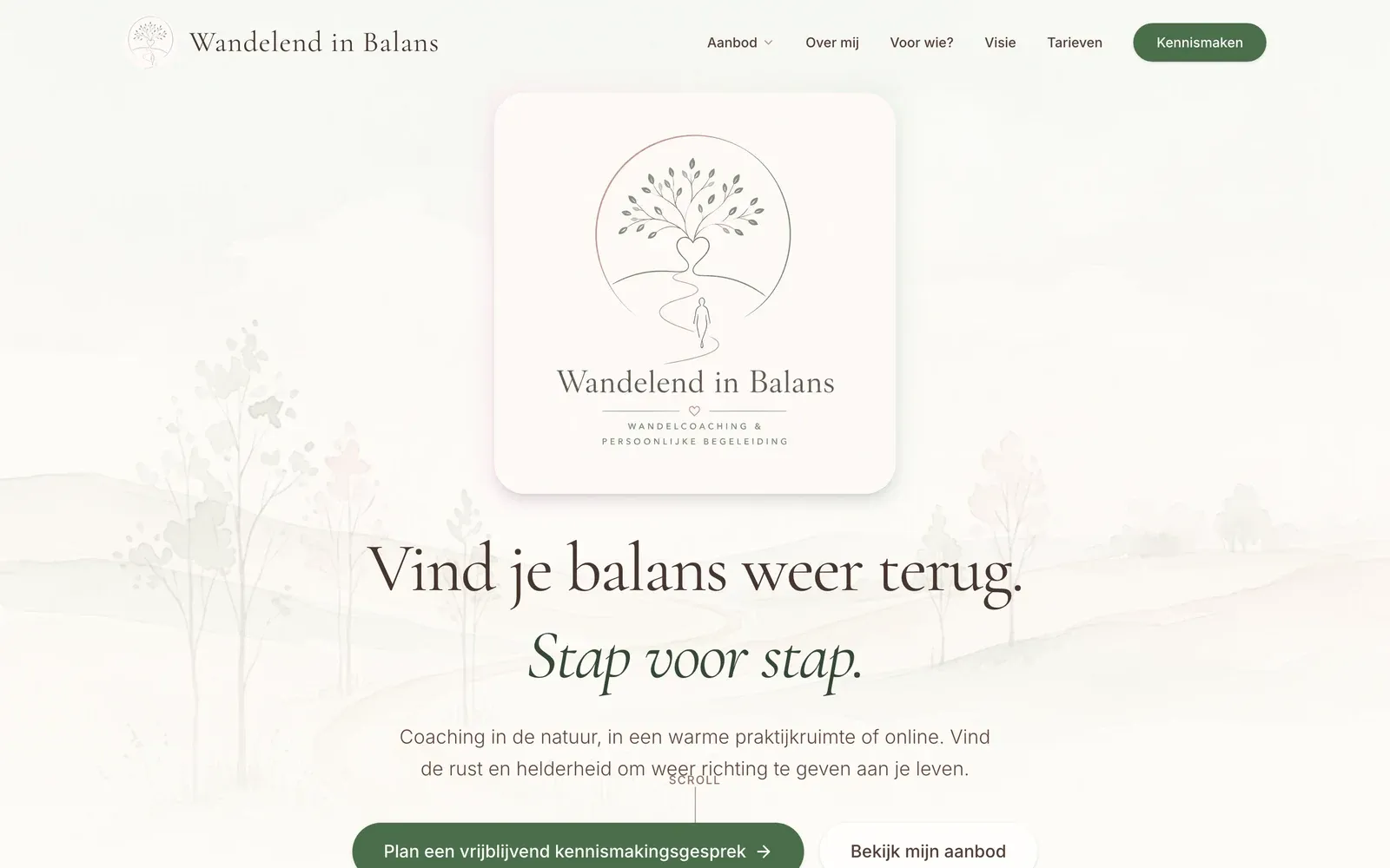 De homepage van Wandelend in Balans met logo en de tekst 'Vind je balans weer terug'