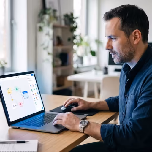 Ondernemer achter een laptop met op het scherm een visuele bouwomgeving met sleepbare blokken in blauwtinten