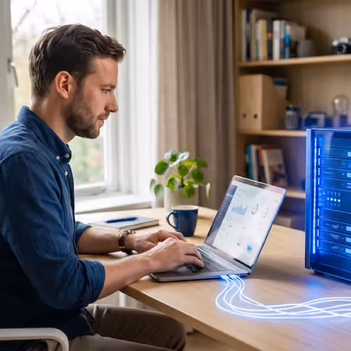 Ondernemer achter een laptop met zwevende blauwe holografische server- en verbindingsiconen die webhosting verbeelden