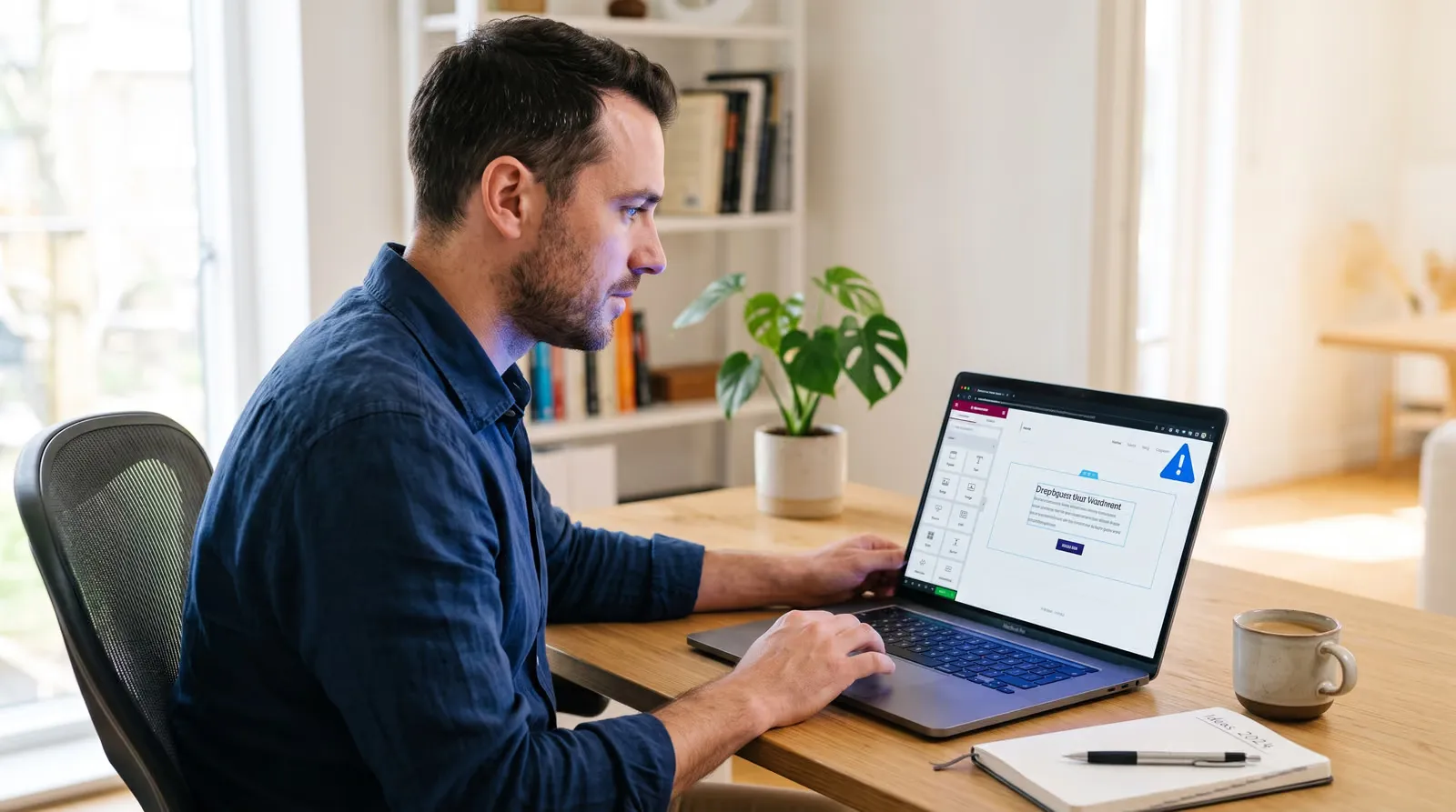 Ondernemer achter een laptop met een visuele websitebouwer op het scherm en een blauw waarschuwingsicoon ernaast