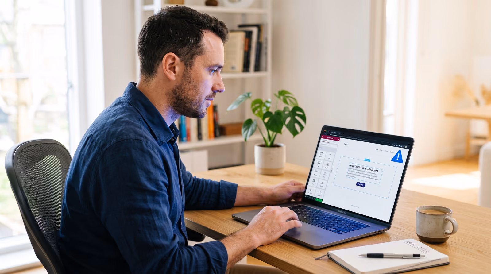 Ondernemer achter een laptop met een visuele websitebouwer op het scherm en een blauw waarschuwingsicoon ernaast
