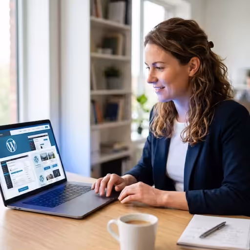 Ondernemer achter een laptop met twee website-ontwerpen naast elkaar op het scherm in blauwtinten