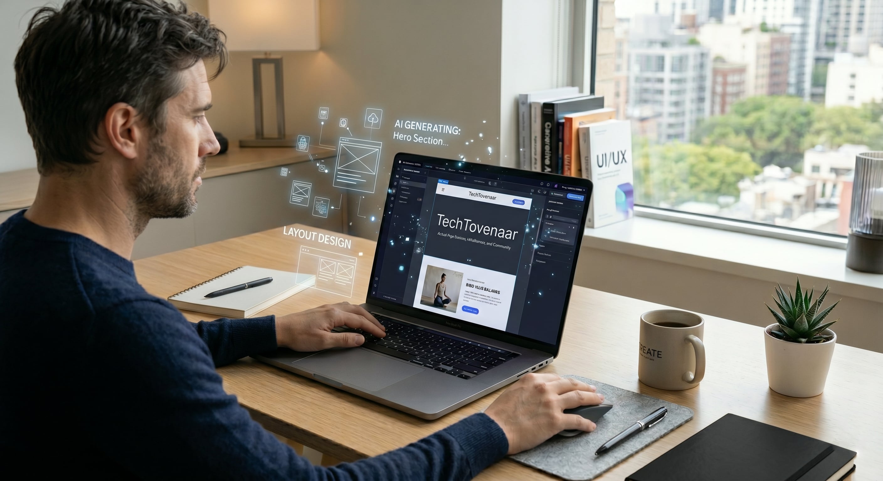 Ondernemer die twijfelend naar een laptop kijkt met een automatisch gegenereerde website