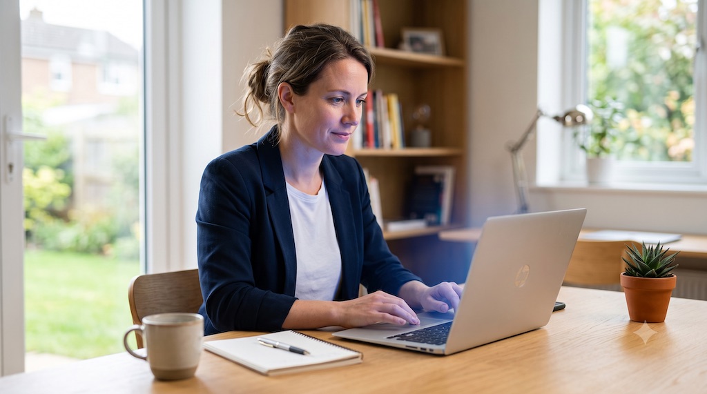 Ondernemer achter een laptop met zwevende blauwe holografische cloud- en synchronisatie-iconen die een back-up verbeelden